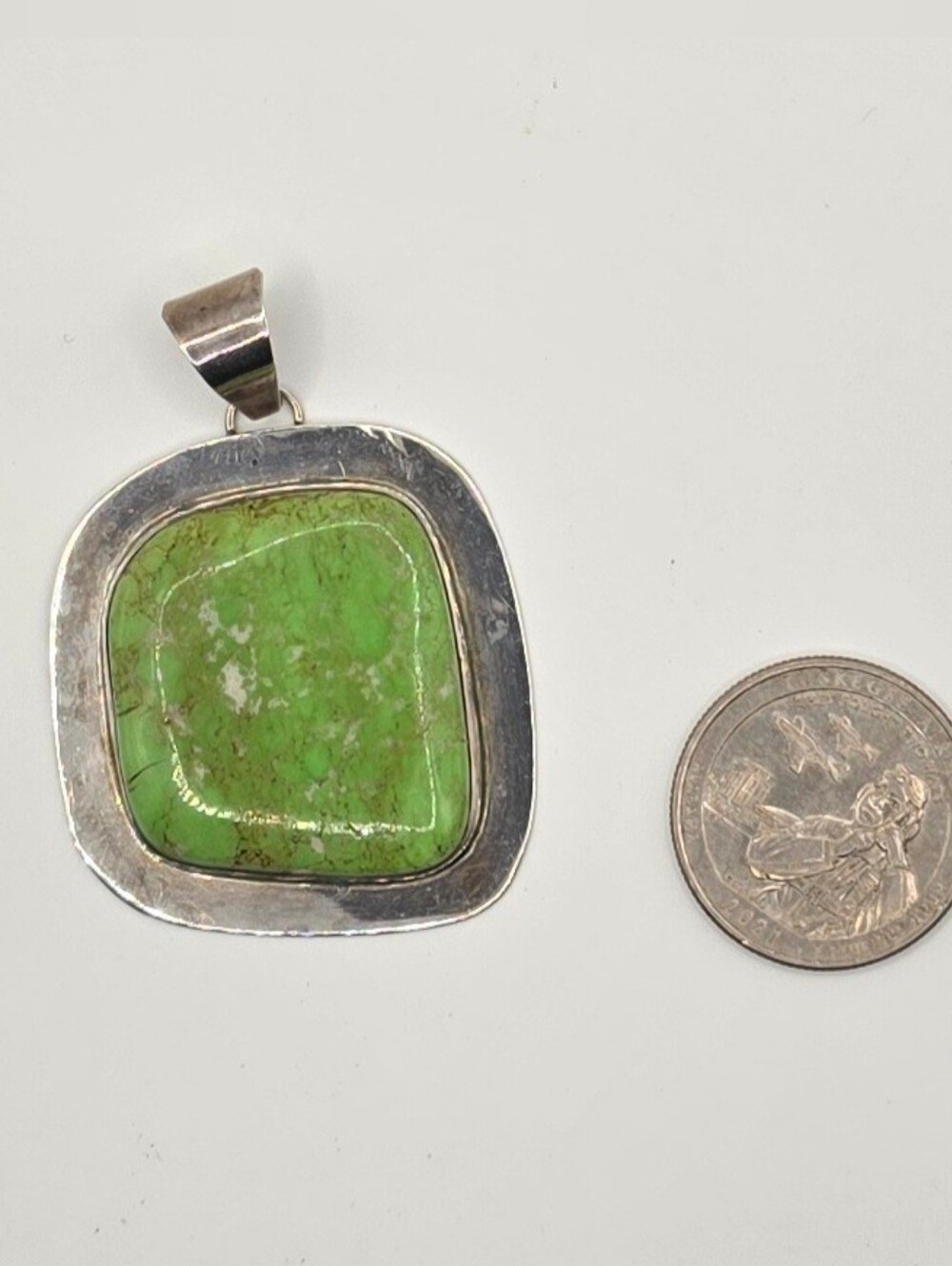 ​Etta Endito Navajo Sterling Silver Gaspeite Pendant - Large 1.5" - Signed "Ee"
